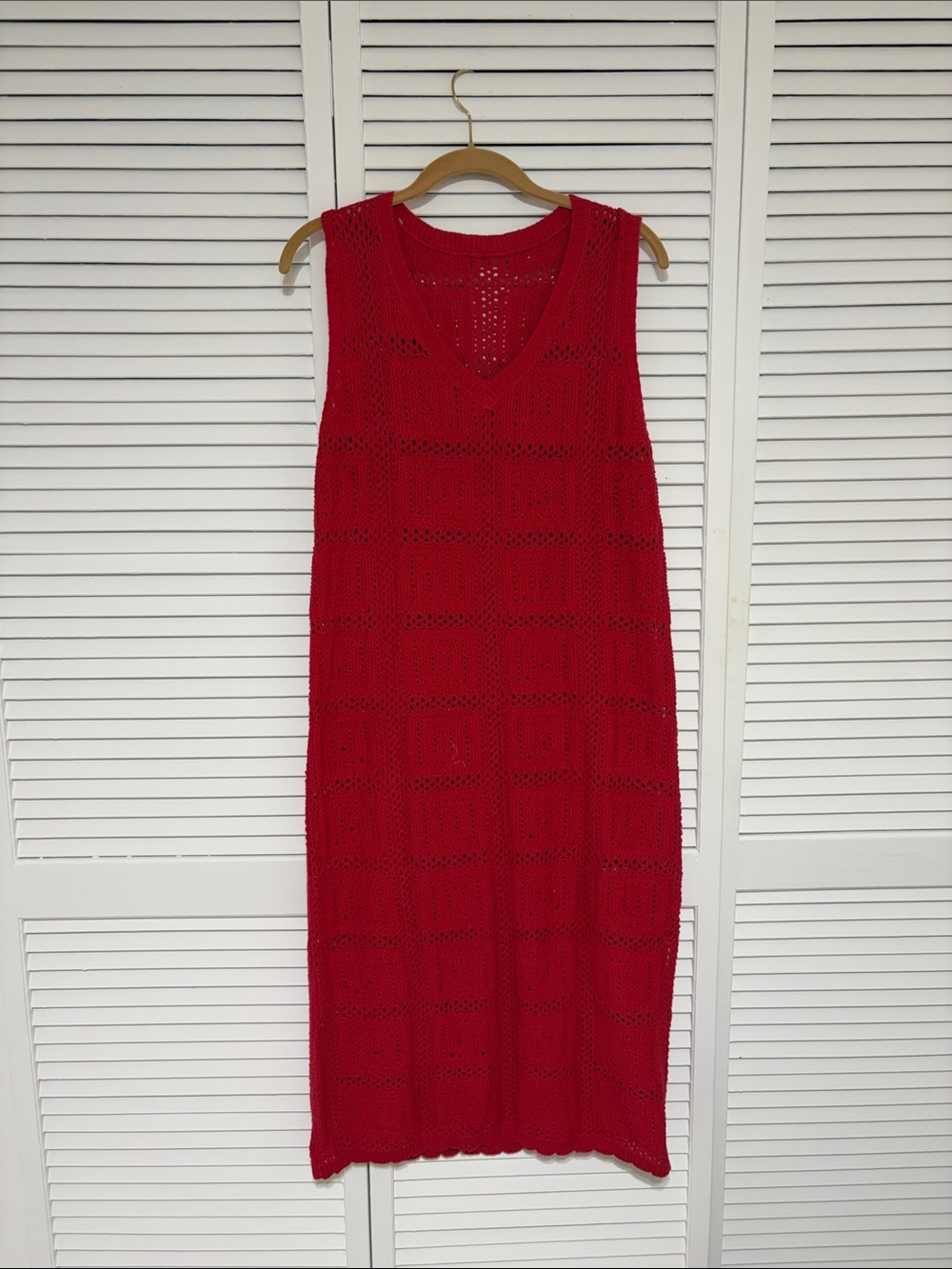 Red Knitted V-Neck Knit  Sleeveless Dress